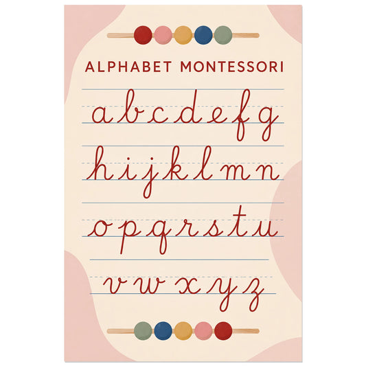 Minuscules cursives rouges et réglures bleues, affiche 30 × 45 cm