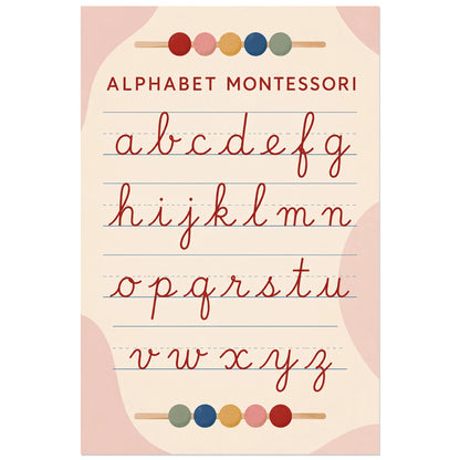 Alphabet cursif avec perles colorées sur fond crème, affiche 40 × 60 cm