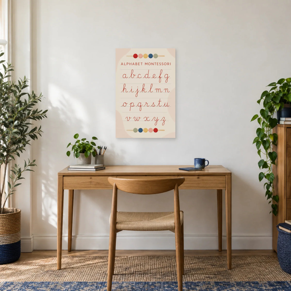 Affiche Alphabet Montessori, gestes cursifs dans un bureau - Art Virtuoso