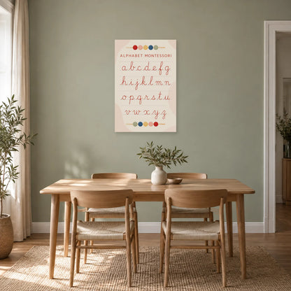 Affiche Alphabet Montessori, gestes cursifs dans une salle à manger - Art Virtuoso