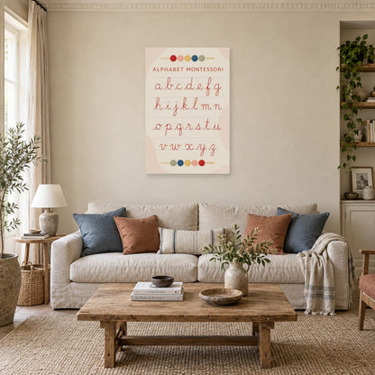 Affiche Alphabet Montessori, gestes cursifs dans un salon - Art Virtuoso