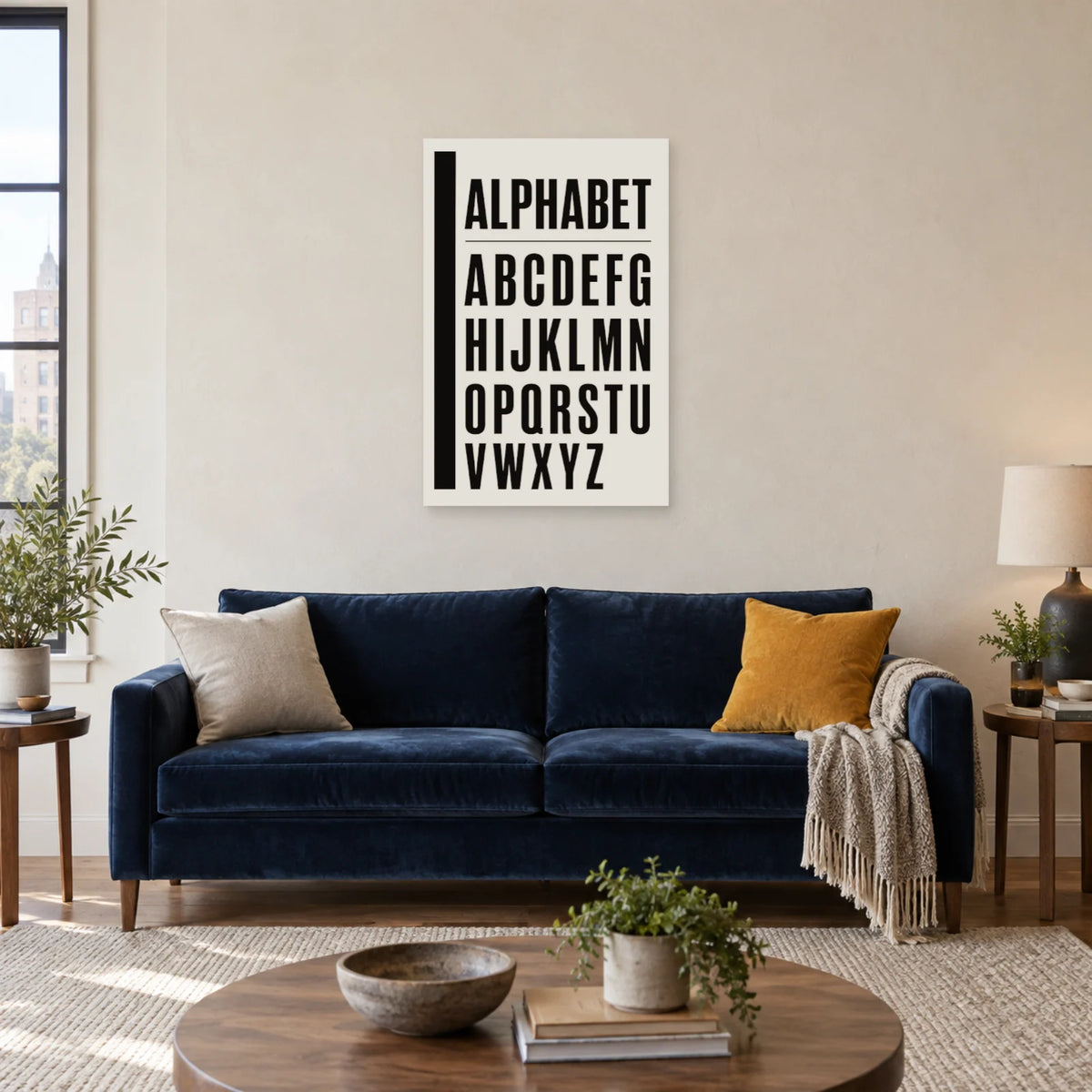 Affiche Alphabet noir et blanc, grille suisse dans un salon - Art Virtuoso