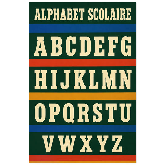 Capitales crème et bandes vives sur vert sapin, affiche 30 × 45 cm