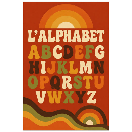 Alphabet aux lettres rétro sous un soleil, affiche 30 × 45 cm