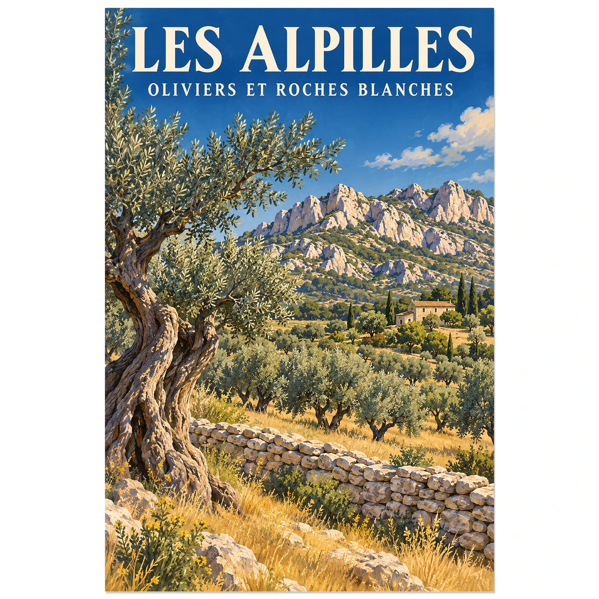 Affiche Alpilles Oliveraies et roches blanches, illustration peinte / affiche de voyage rétro verticale, format 30 × 45 cm
