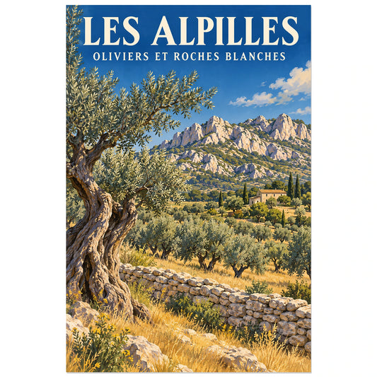 Affiche Alpilles Oliveraies et roches blanches, illustration peinte / affiche de voyage rétro verticale, format 30 × 45 cm