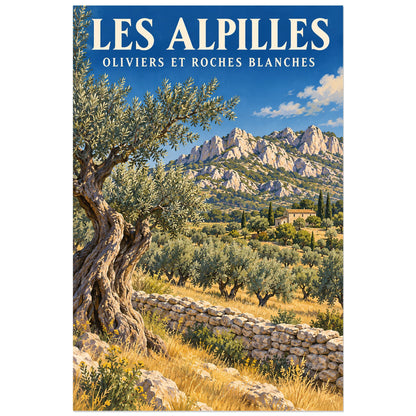 Affiche Alpilles Oliveraies et roches blanches, illustration peinte / affiche de voyage rétro verticale, format 40 × 60 cm