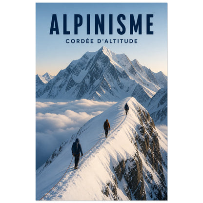 Affiche Alpinisme – Cordée d'altitude, photographie d'aventure alpine réaliste et éditoriale verticale, format 60 × 90 cm