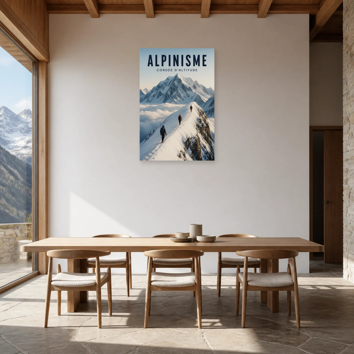 Affiche Alpinisme – Cordée d’altitude dans une salle à manger - Art Virtuoso