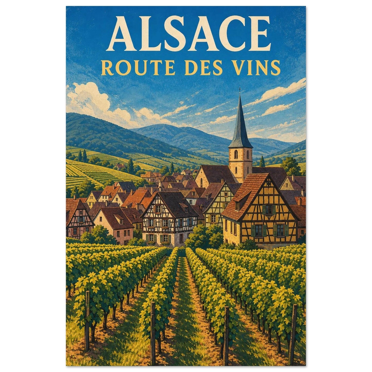 Affiche Alsace – Route des Vins, sérigraphie illustrée verticale, format 30 × 45 cm