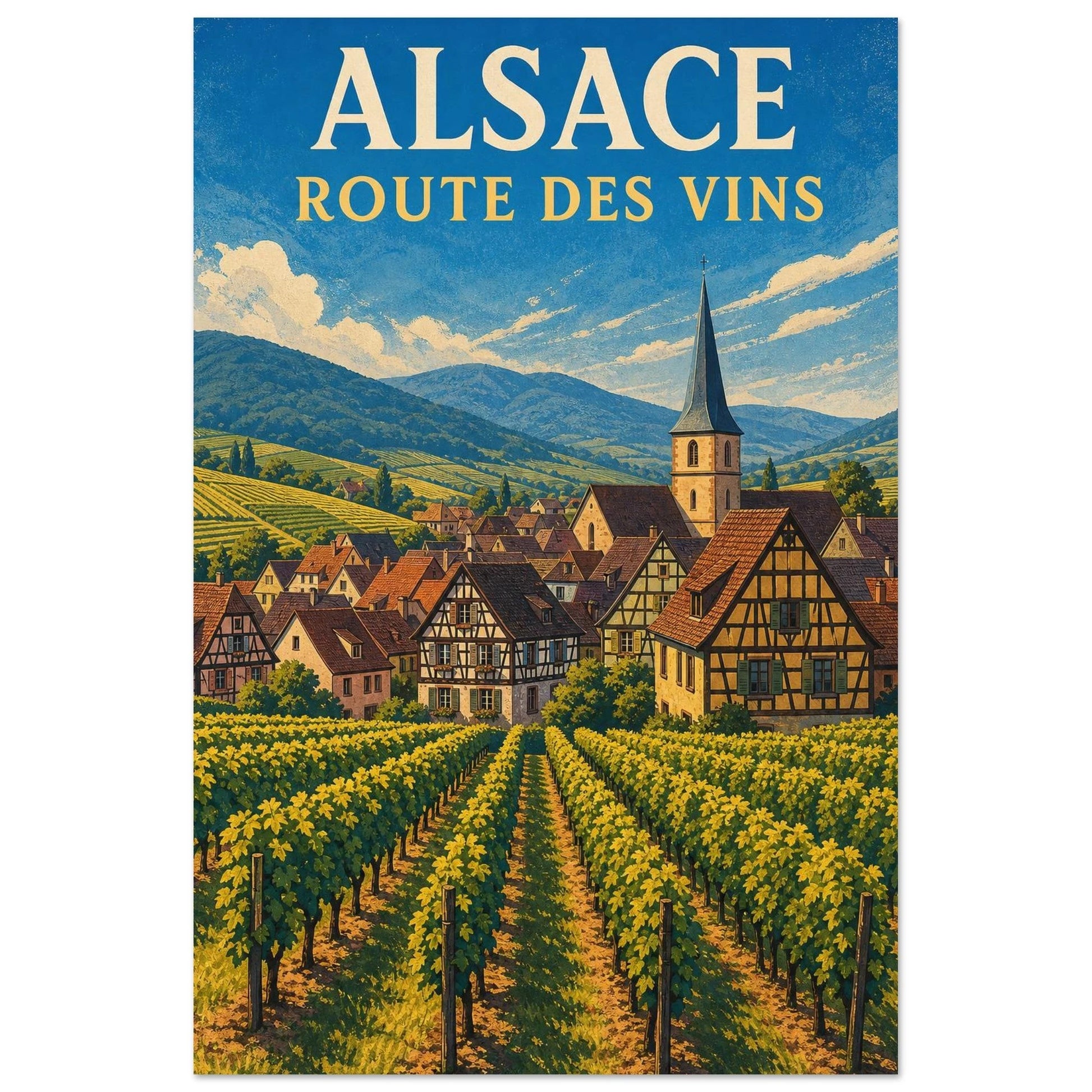 Affiche Alsace – Route des Vins, sérigraphie illustrée verticale, format 30 × 45 cm