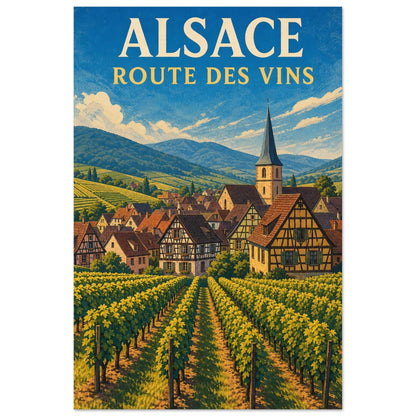 Affiche Alsace – Route des Vins, sérigraphie illustrée verticale, format 30 × 45 cm