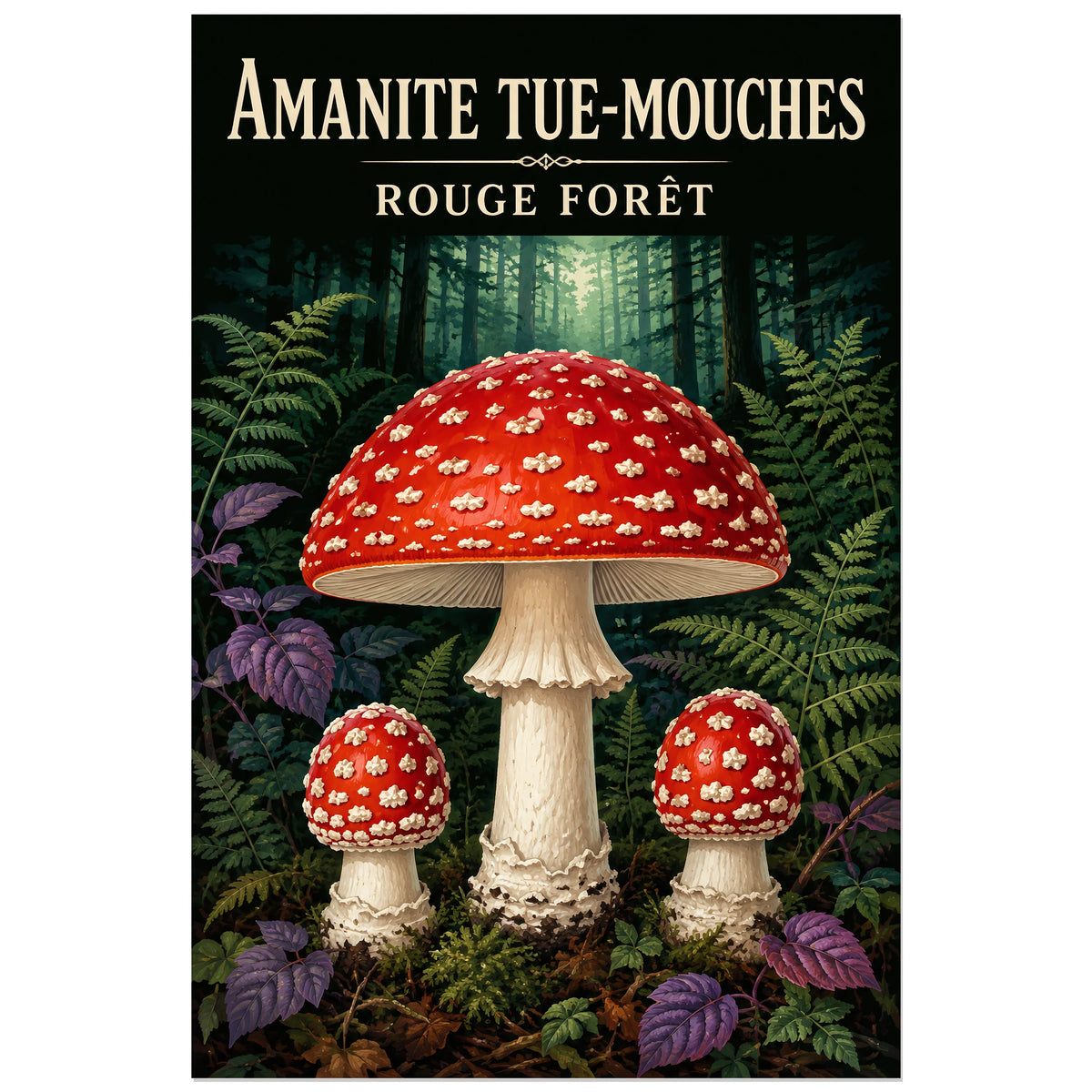 Affiche Amanite tue-mouches – Rouge forêt, gouache naturaliste / affiche vintage verticale, format 30 × 45 cm