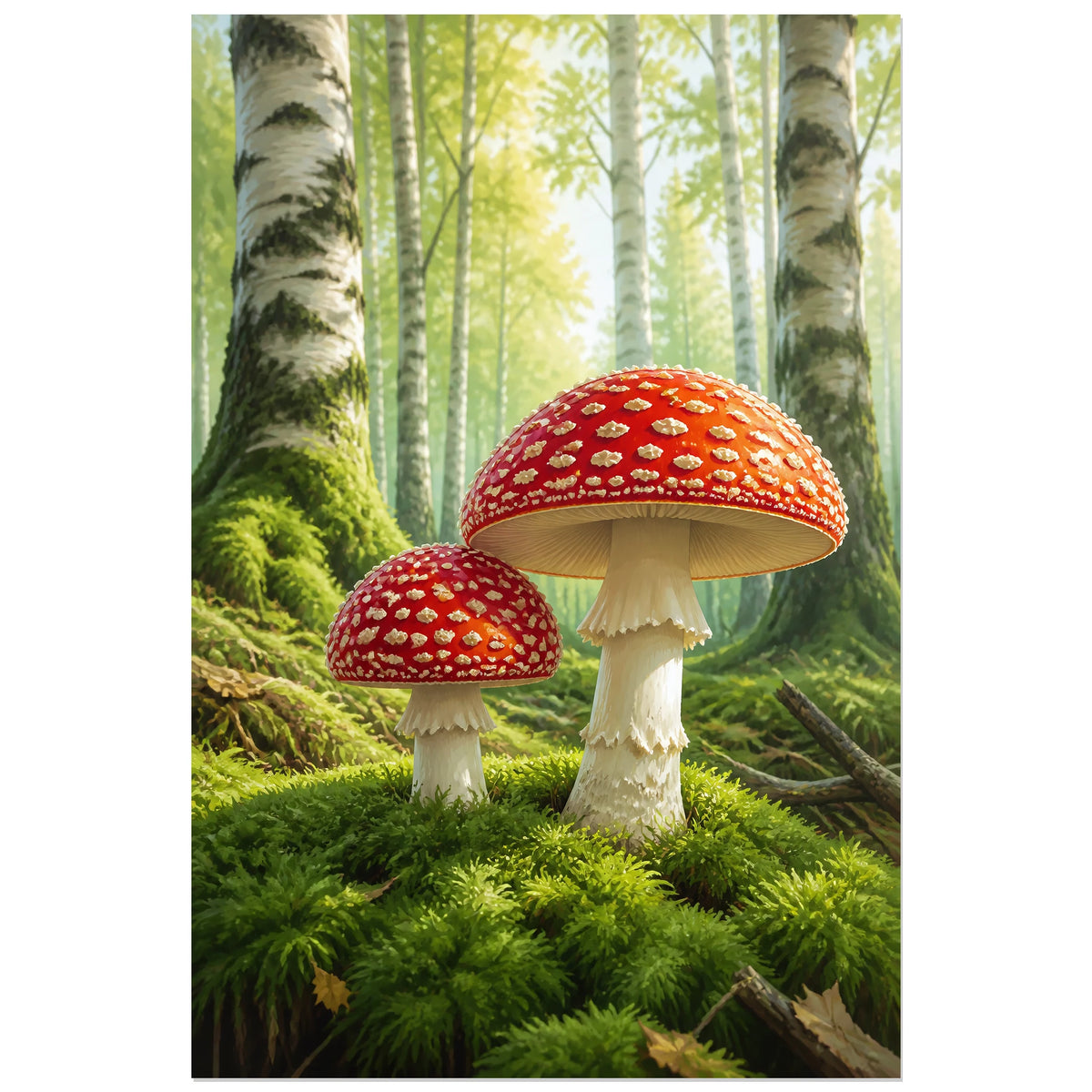 Affiche Amanites – Forêt lumineuse, peinture naturaliste / paysage forestier verticale, format 30 × 45 cm