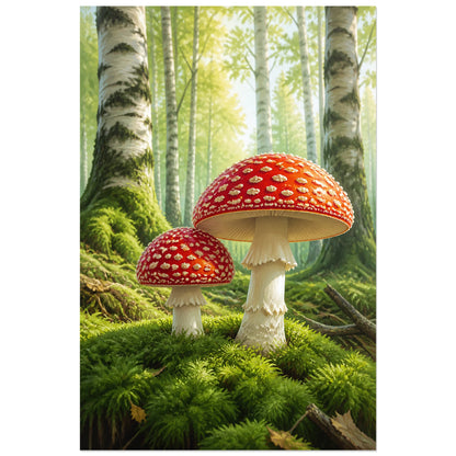 Affiche Amanites – Forêt lumineuse, peinture naturaliste / paysage forestier verticale, format 30 × 45 cm
