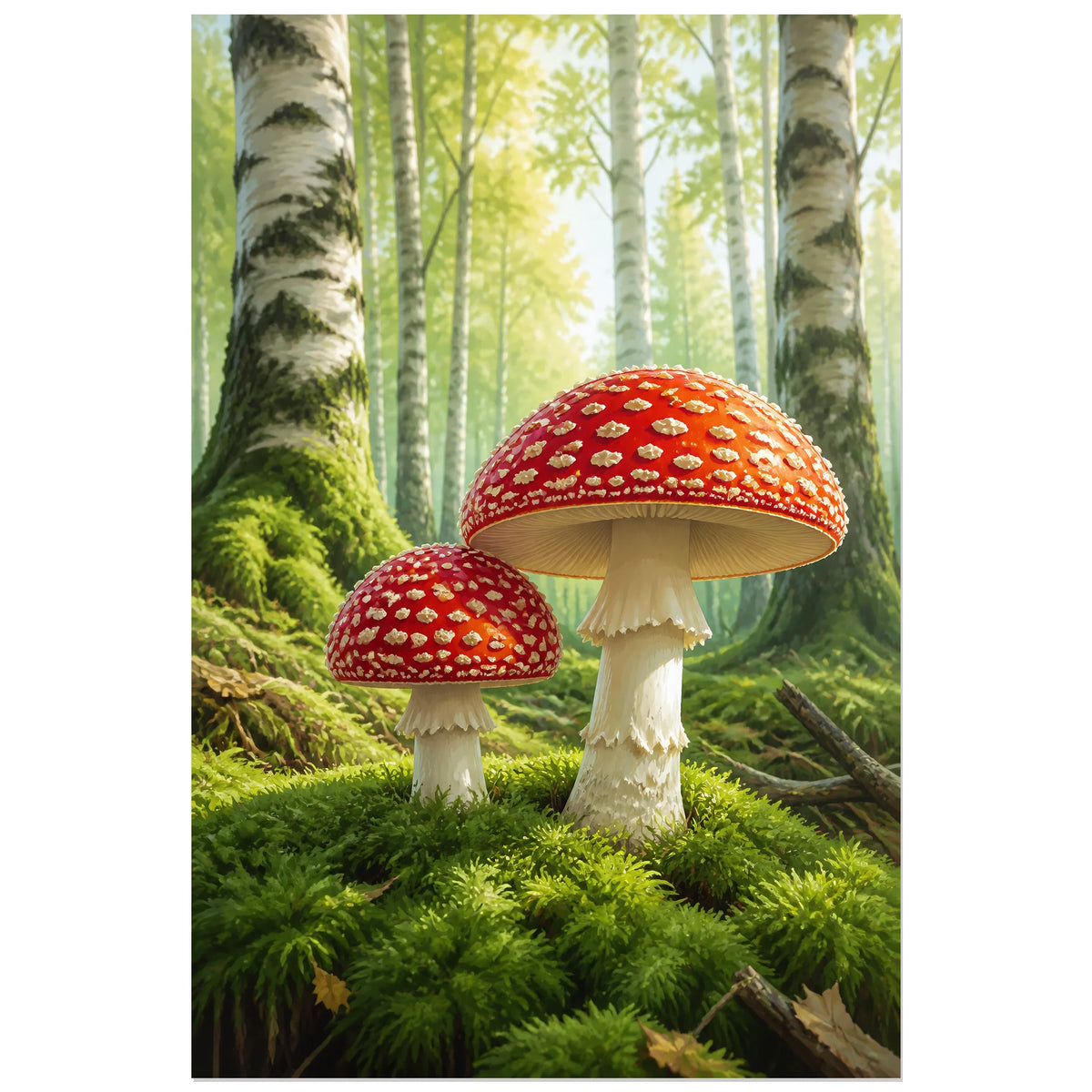 Affiche Amanites – Forêt lumineuse, peinture naturaliste / paysage forestier verticale, format 60 × 90 cm