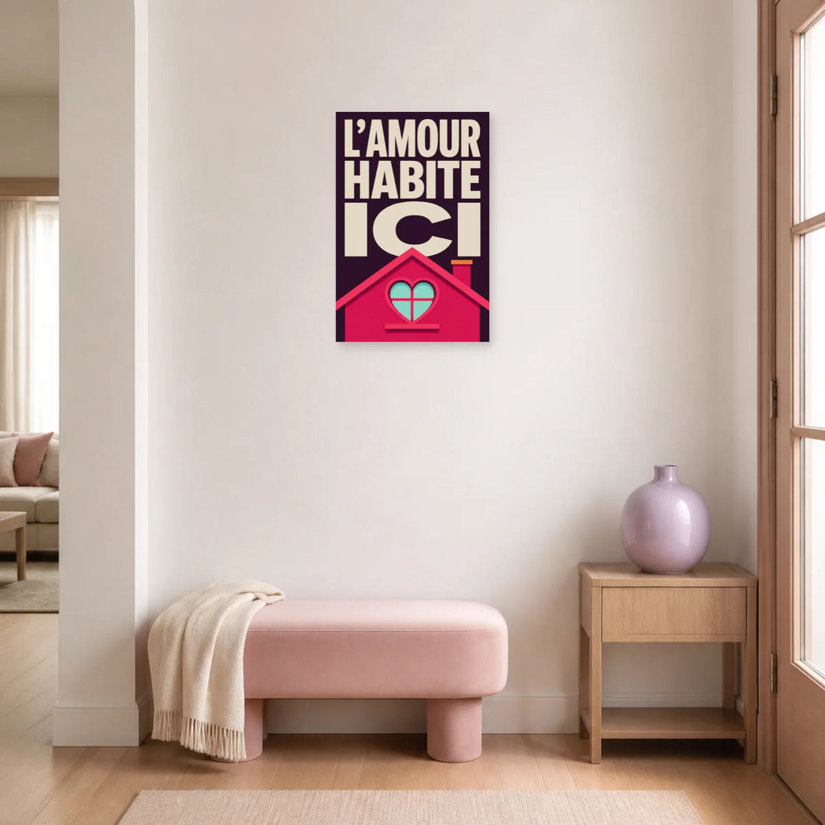 Affiche L’amour habite ici – Fenêtre-cœur dans une entrée ou un couloir - Art Virtuoso