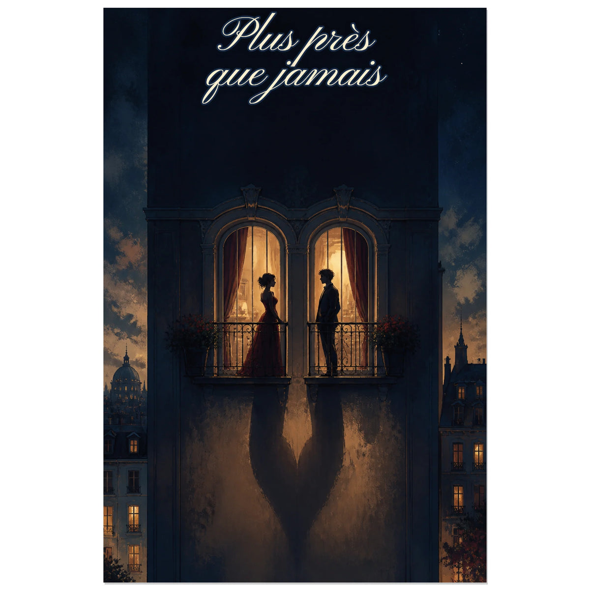 Affiche Plus près que jamais - Amour impossible, illustration architecturale narrative aux lumières cinématographiques verticale, format 60 × 90 cm