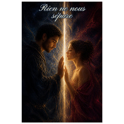 Affiche Rien ne nous sépare - Amour interdit, peinture narrative dramatique aux lumières cinématographiques verticale, format 30 × 45 cm