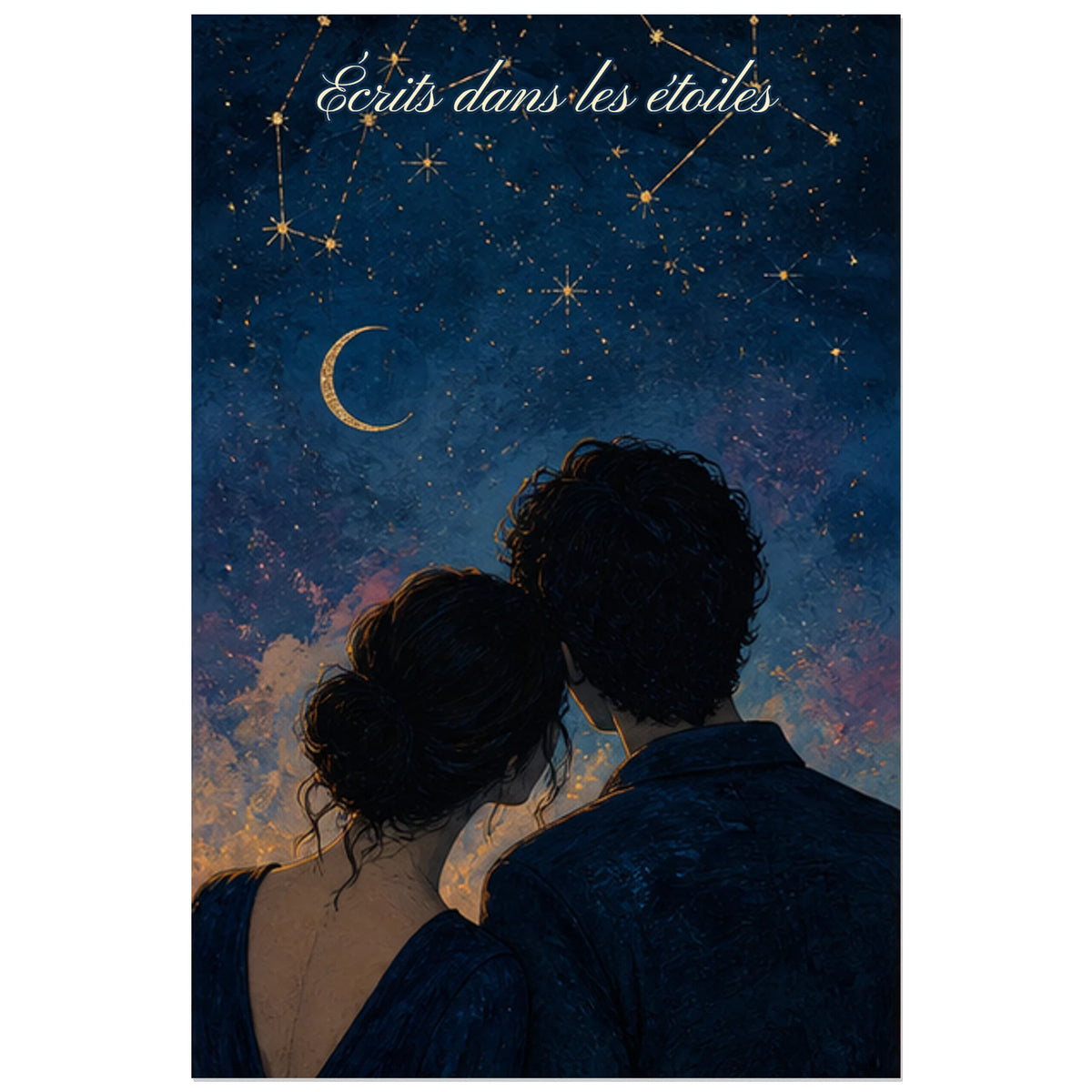 Affiche Écrits dans les étoiles - Couple céleste, illustration céleste romantique à la gouache profonde verticale, format 40 × 60 cm