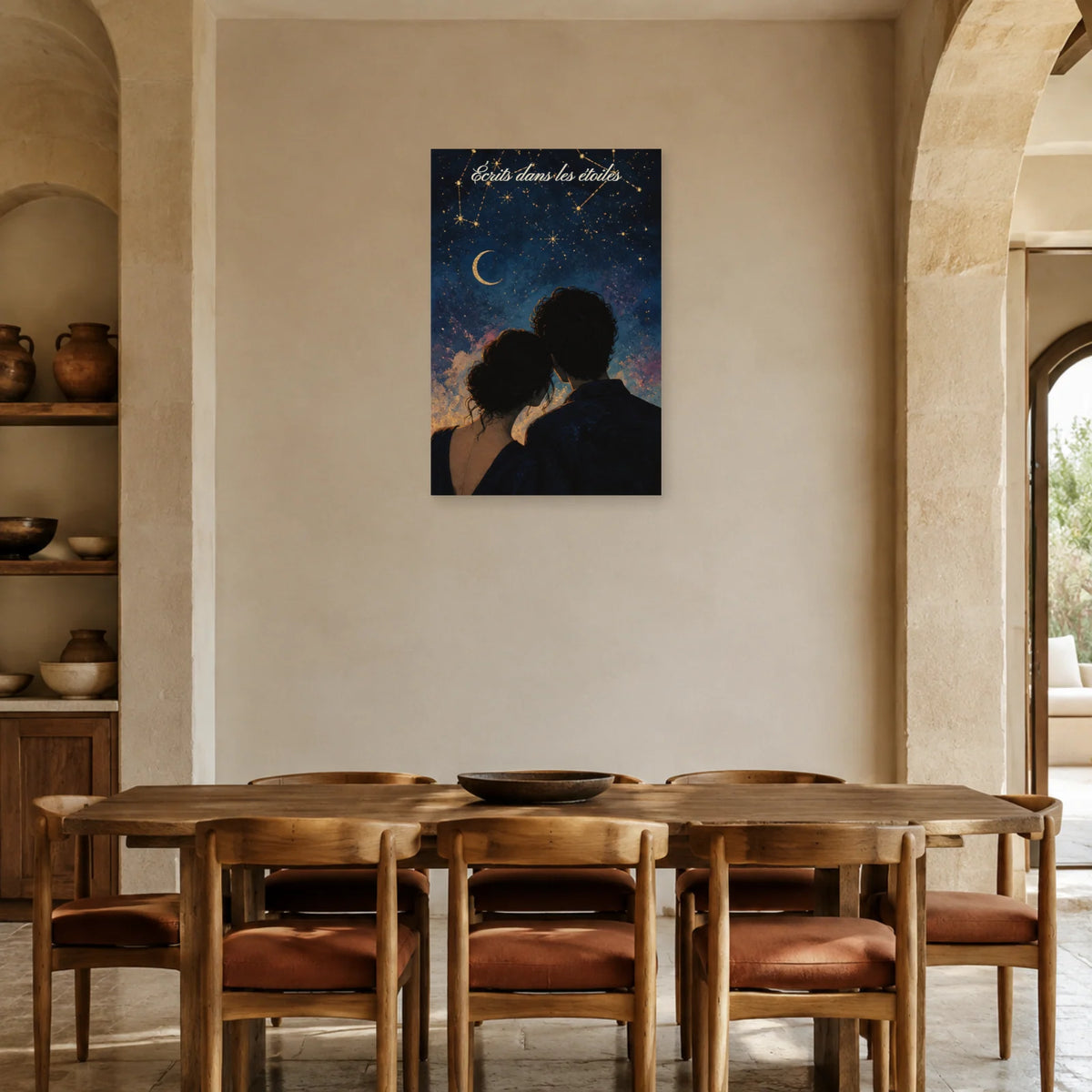 Affiche Écrits dans les étoiles - Couple céleste dans une salle à manger - Art Virtuoso