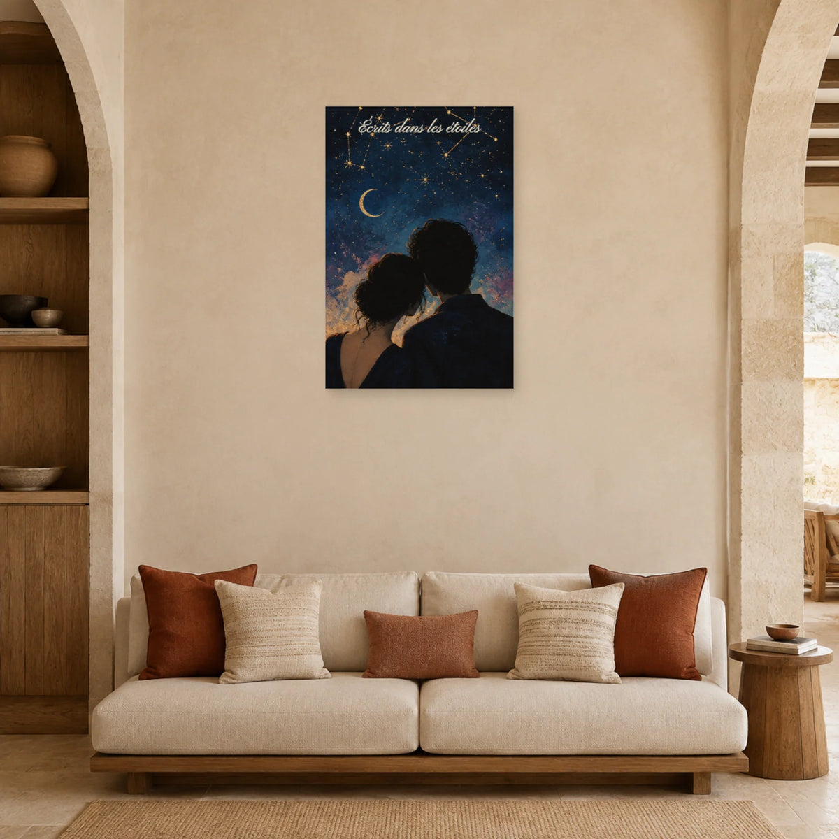 Affiche Écrits dans les étoiles - Couple céleste dans un salon - Art Virtuoso