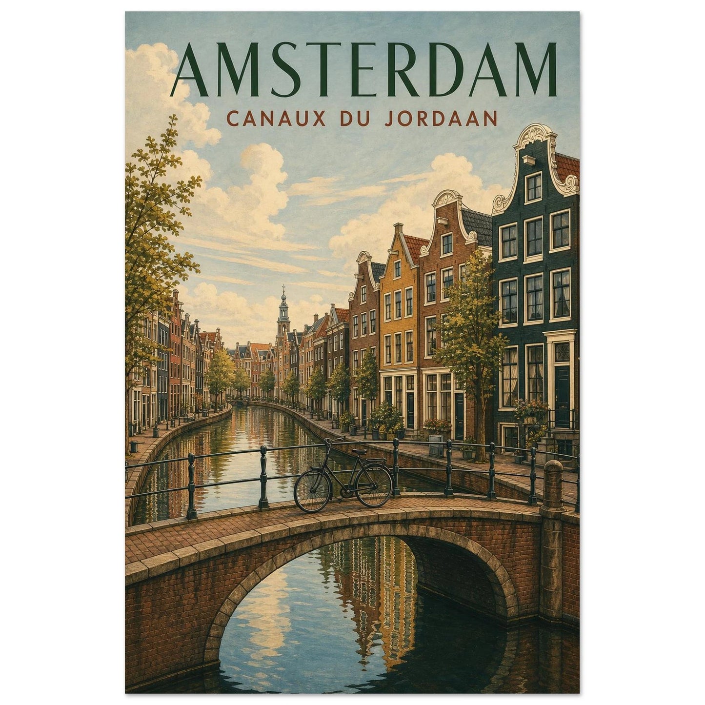 Affiche Amsterdam – Canaux du Jordaan, illustration verticale encre et gouache, format 30 × 45 cm