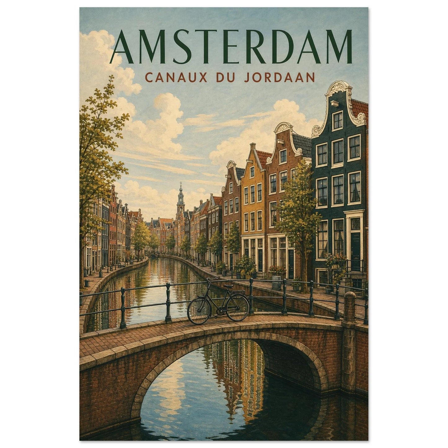 Affiche Amsterdam – Canaux du Jordaan, illustration verticale encre et gouache, format 60 × 90 cm