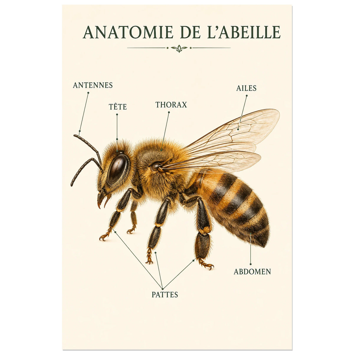 Affiche Anatomie de l’abeille – Planche moderne, planche pédagogique / illustration naturaliste verticale, format 60 × 90 cm