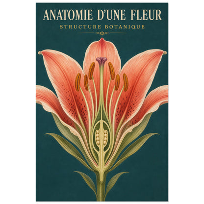 Affiche Anatomie d'une Fleur – Structure Botanique, illustration scientifique botanique verticale, format 30 × 45 cm