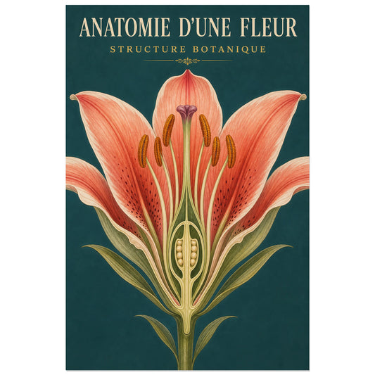 Affiche Anatomie d'une Fleur – Structure Botanique, illustration scientifique botanique verticale, format 30 × 45 cm