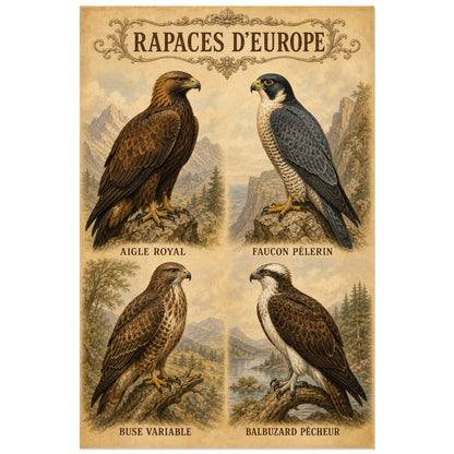 Affiche Rapaces d’Europe - Style ancien, chromolithographie ornithologique originale à l’esthétique du xixe siècle verticale, format 40 × 60 cm