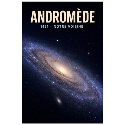 Affiche Andromède – M31, notre voisine, illustration astronomique réaliste et lumineuse verticale, format 30 × 45 cm