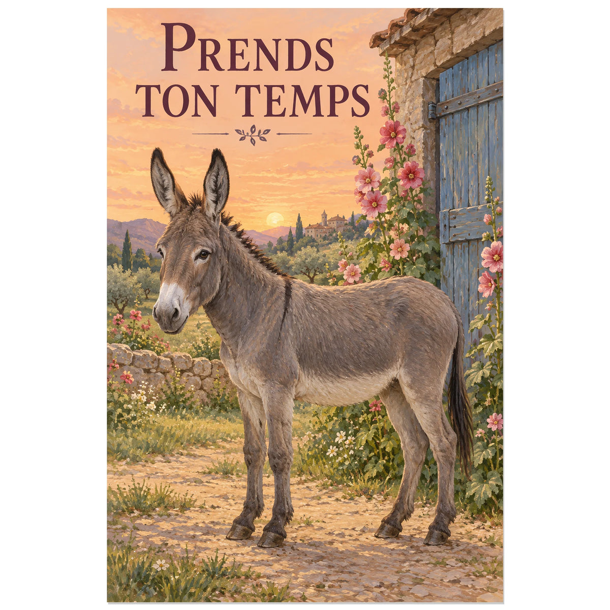 Affiche Âne – Prends ton temps, peinture figurative / affiche champêtre verticale, format 60 × 90 cm