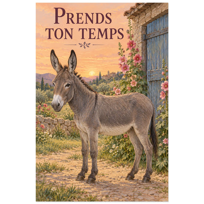 Affiche Âne – Prends ton temps, peinture figurative / affiche champêtre verticale, format 60 × 90 cm