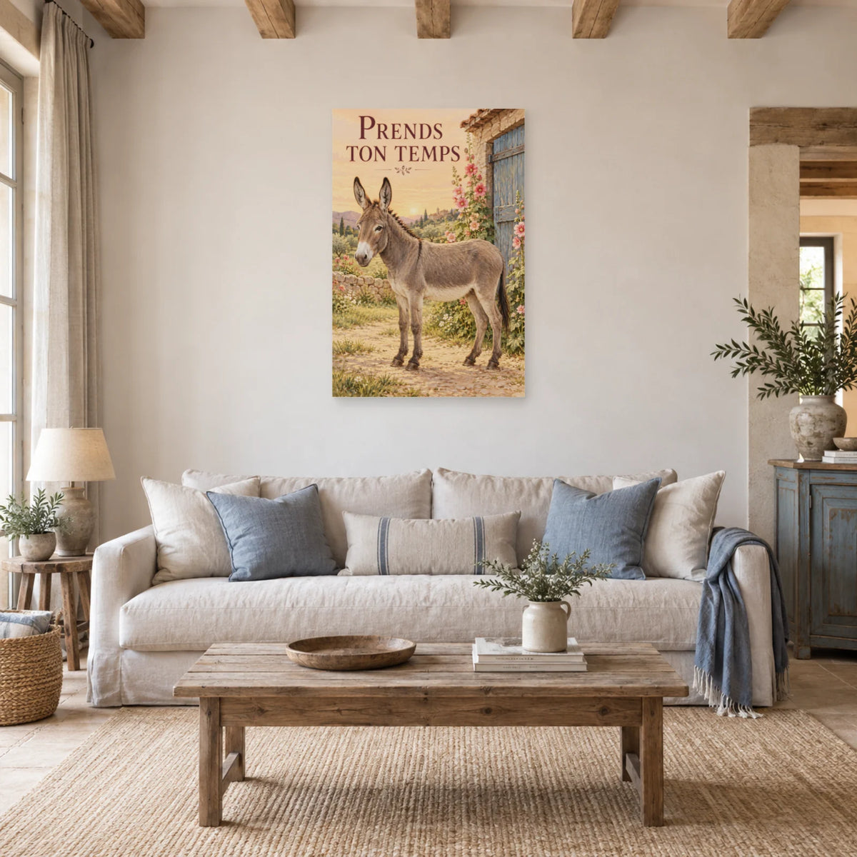 Affiche Âne - Prends ton temps dans un salon - Art Virtuoso