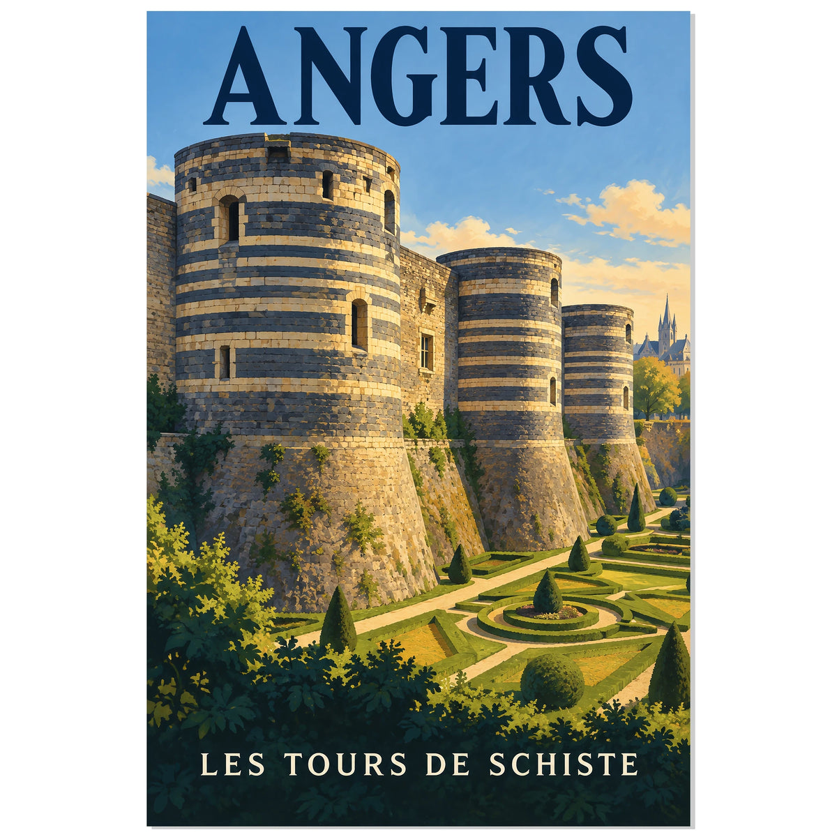 Affiche Angers - Les tours de schiste, illustration de voyage / rendu gouache / inspiration vintage verticale, format 30 × 45 cm