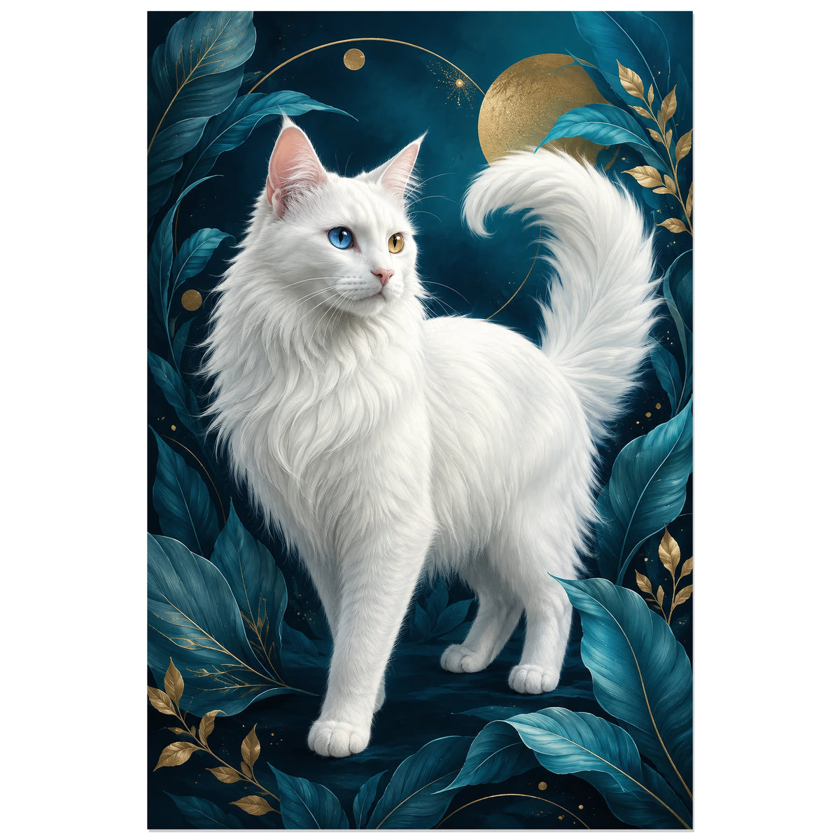Affiche Angora turc – Yeux vairons, portrait animalier décoratif / botanique nocturne verticale, format 30 × 45 cm