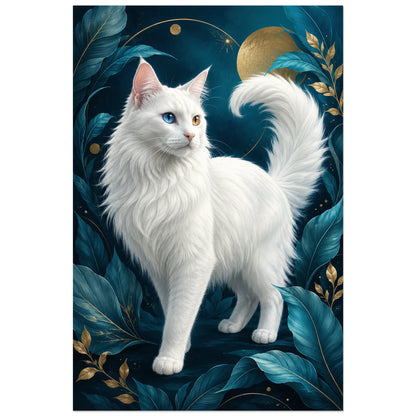 Affiche Angora turc – Yeux vairons, portrait animalier décoratif / botanique nocturne verticale, format 30 × 45 cm