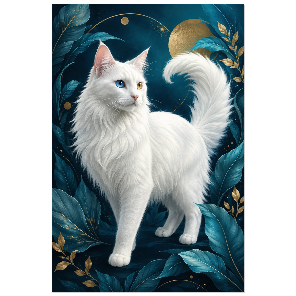 Affiche Angora turc – Yeux vairons, portrait animalier décoratif / botanique nocturne verticale, format 60 × 90 cm