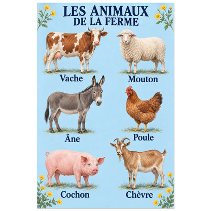 Affiche Animaux de la ferme – Six compagnons, planche naturaliste illustrée / peinture figurative verticale, format 40 × 60 cm