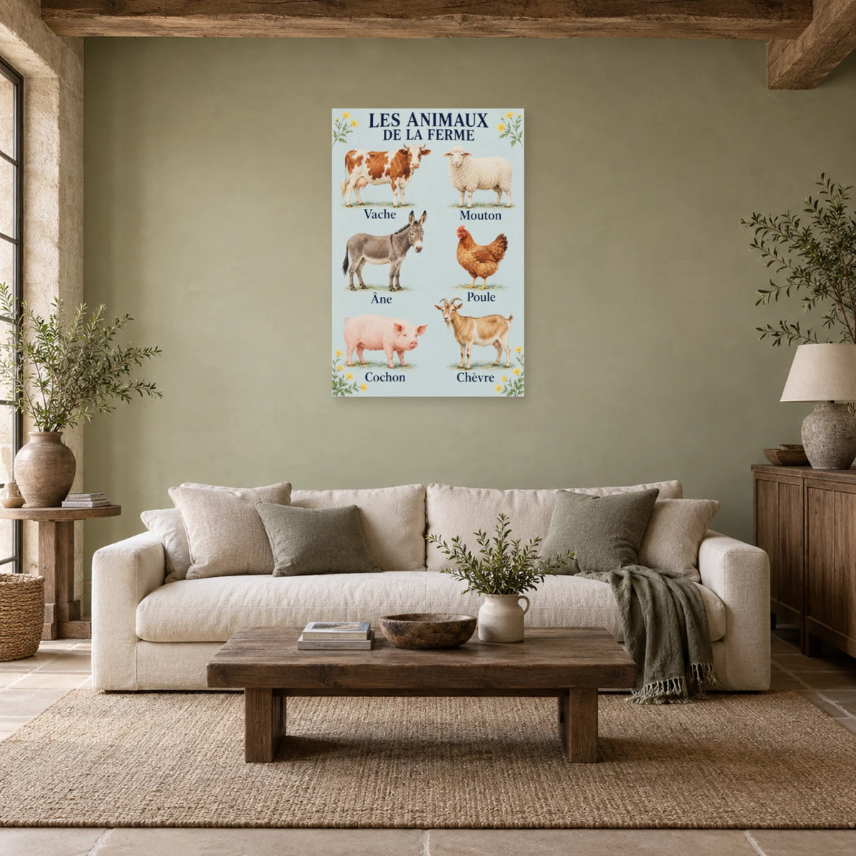 Affiche Animaux de la ferme - Six compagnons dans un salon - Art Virtuoso