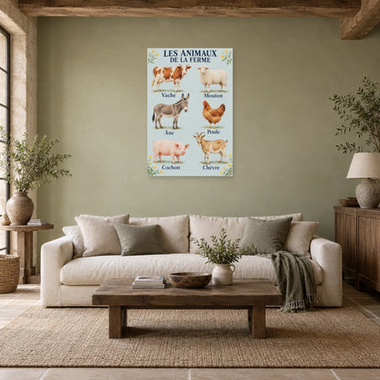 Affiche Animaux de la ferme - Six compagnons dans un salon - Art Virtuoso