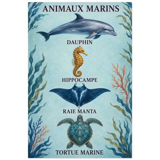 Affiche Animaux marins – Quatre merveilles, planche naturaliste / affiche pédagogique vintage verticale, format 30 × 45 cm