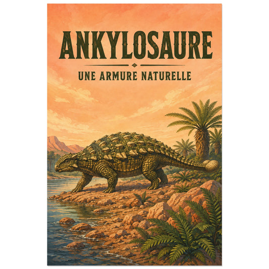 Affiche Ankylosaure – Une armure naturelle, gouache / affiche naturaliste vintage verticale, format 30 × 45 cm