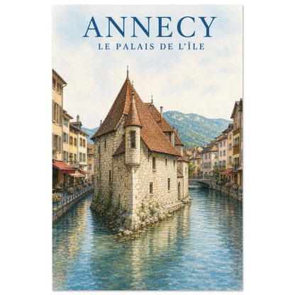 Affiche Annecy – Le Palais de l'Île, illustration verticale gouache aquarellée, format 30 × 45 cm