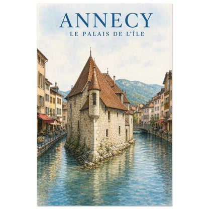 Affiche Annecy – Le Palais de l'Île, illustration verticale gouache aquarellée, format 60 × 90 cm