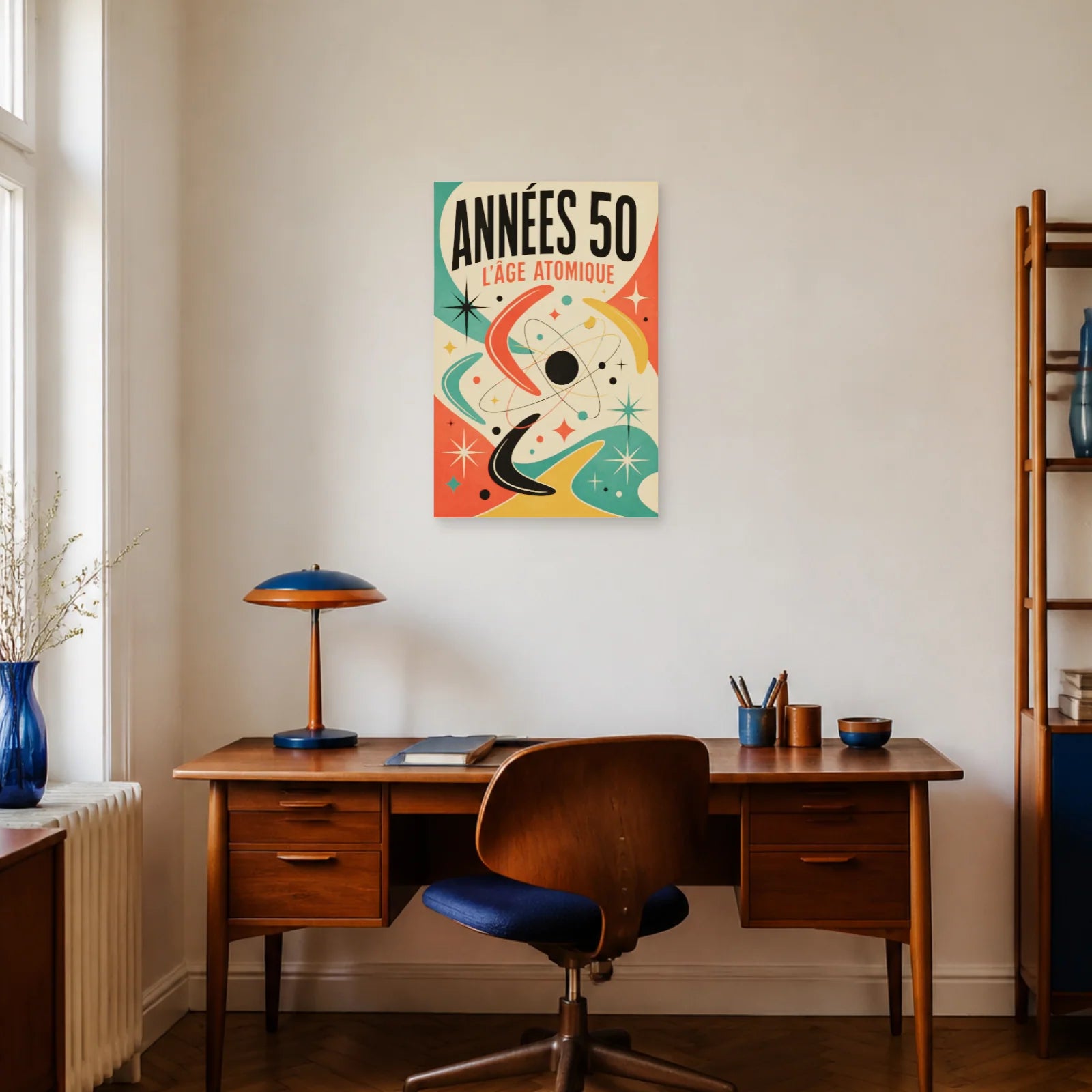 Affiche Années 50 – L'Âge Atomique dans un bureau - Art Virtuoso