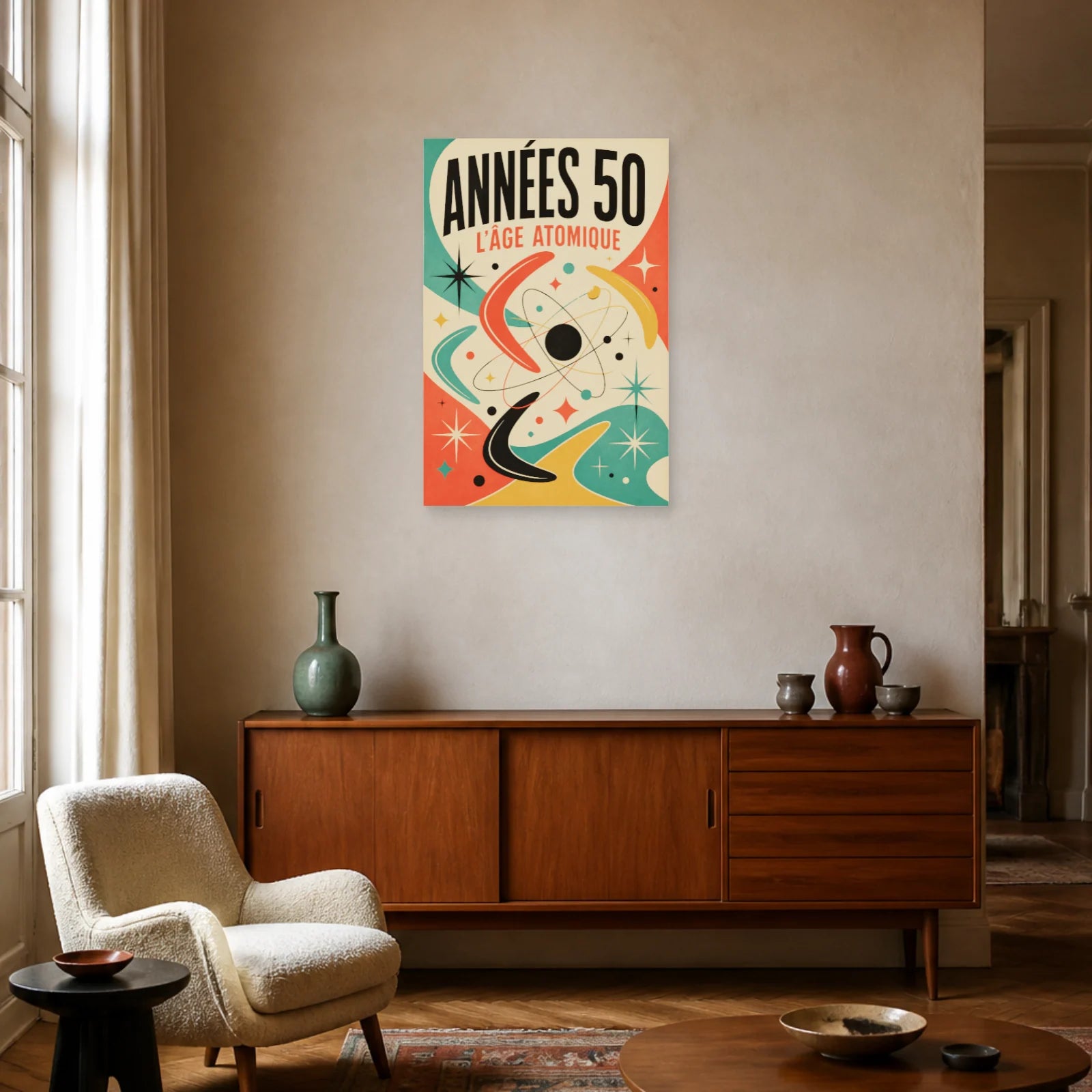Affiche Années 50 – L'Âge Atomique dans un salon - Art Virtuoso