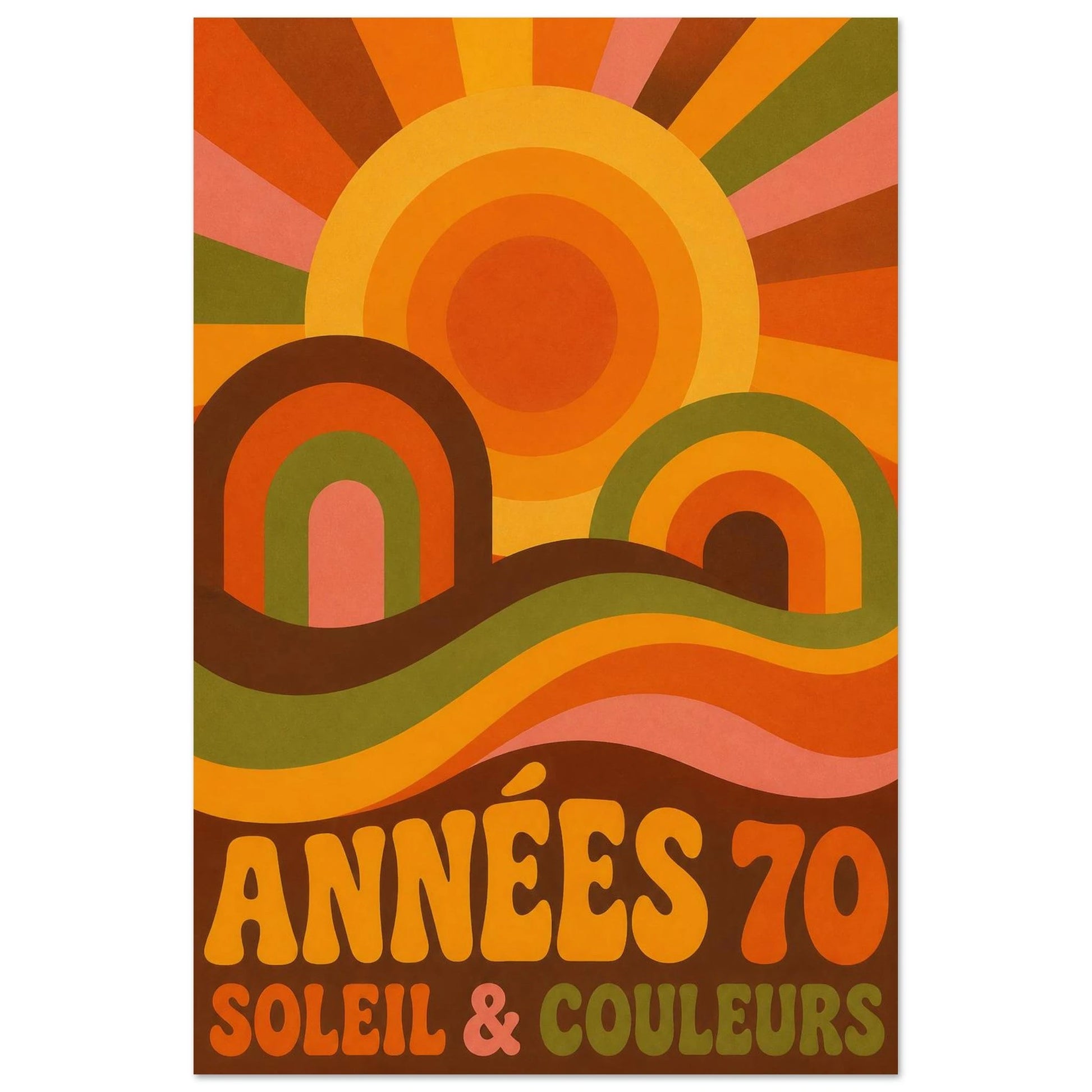 Affiche Années 70 – Soleil & Couleurs, sérigraphie illustrée verticale, format 30 × 45 cm